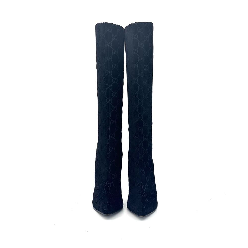 Gucci Tom Ford GG Monogram Velvet Black Knee High Pointed Toe Heeled Boots 6 - Picture 6 of 12